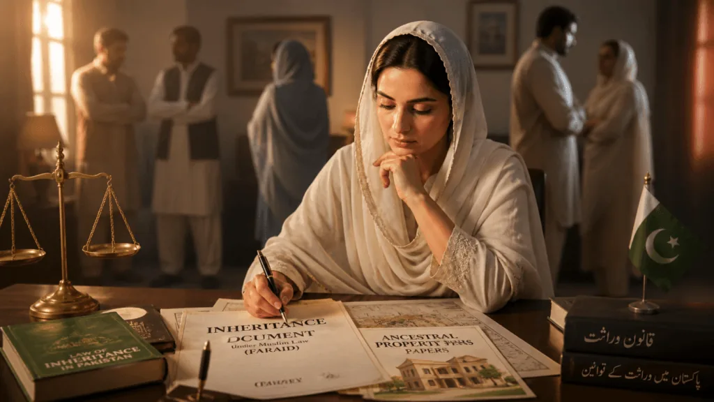 Pakistani woman reviewing family inheritance documents